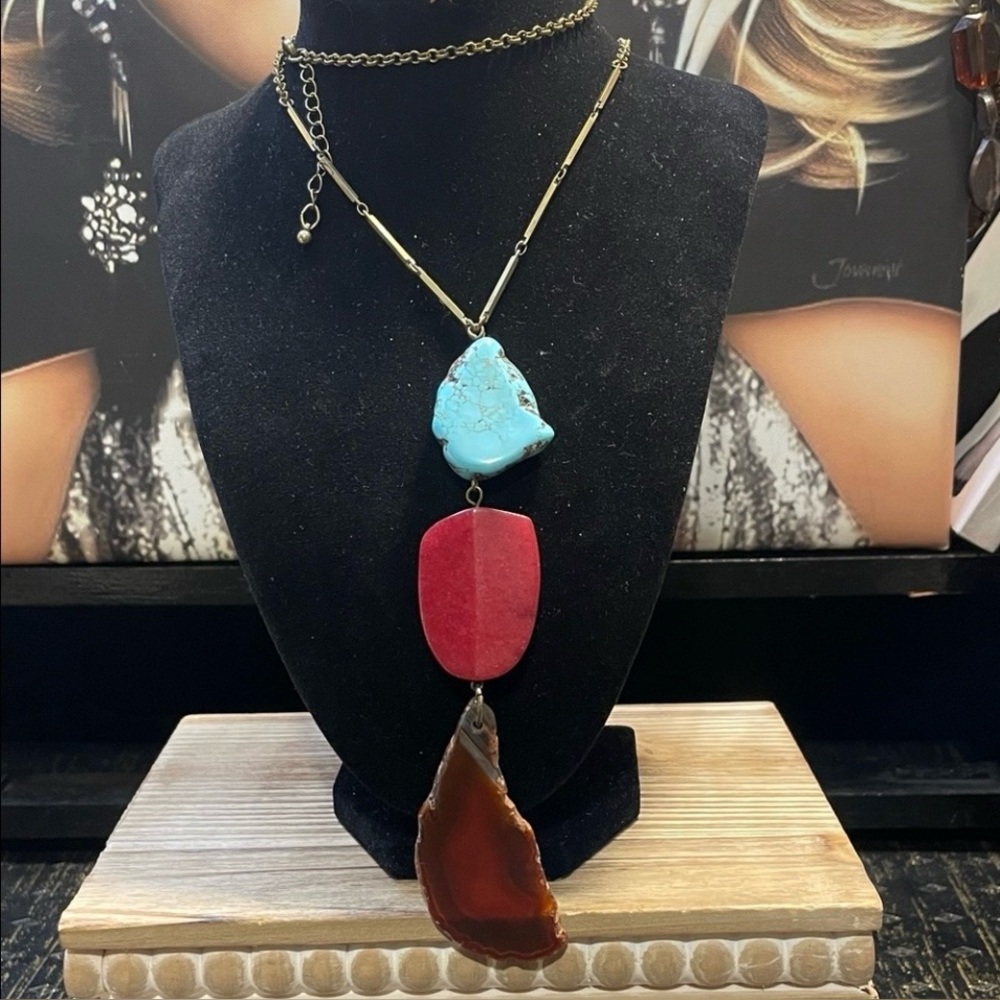 Handcrafted Turquoise, Red, and Brown Stone Drop Necklace - Women Jewelry
